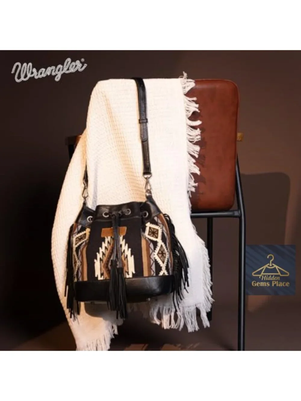 Vegan Leather Bucket Bag with Aztec Pattern Crossbody Hobo